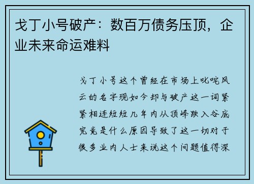 戈丁小号破产：数百万债务压顶，企业未来命运难料