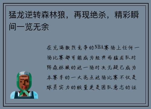 猛龙逆转森林狼，再现绝杀，精彩瞬间一览无余